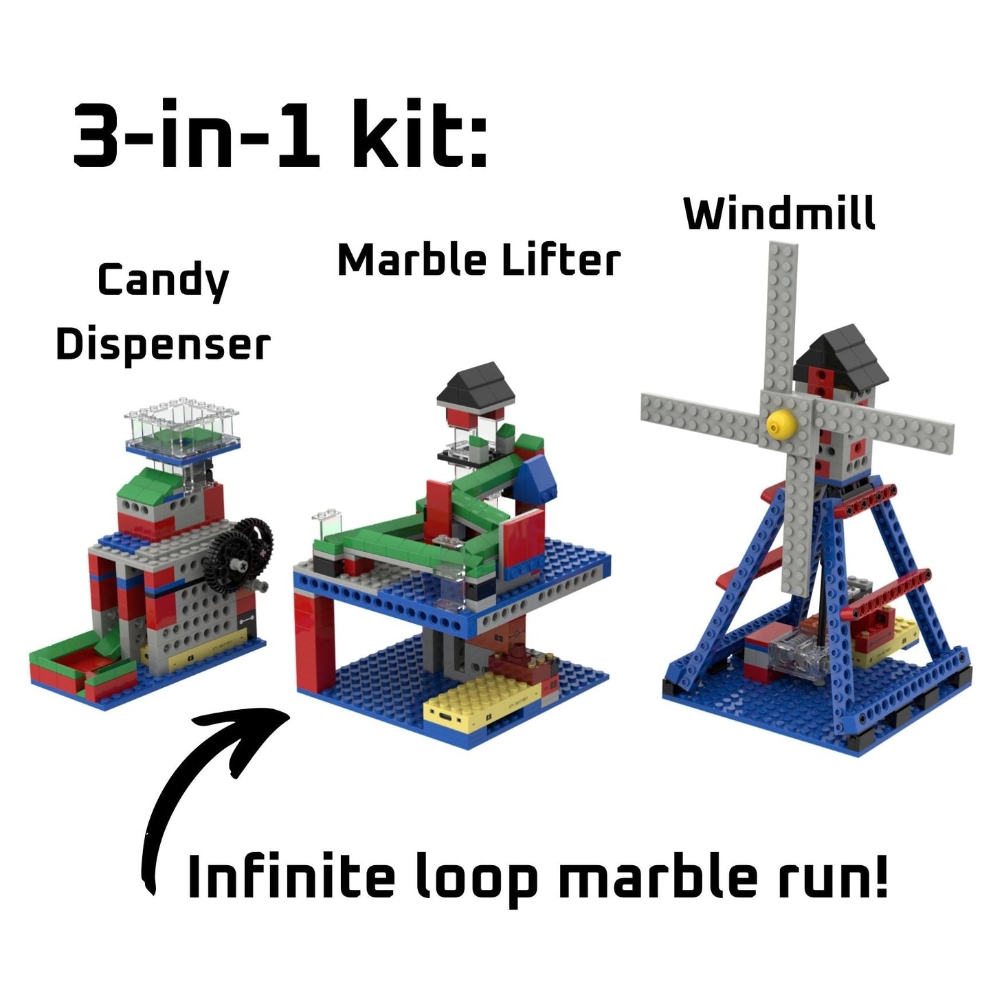 A product graphic for the 3-in-1 Mighty Machines Kit showcasing three builds: a candy dispenser, a windmill, and an infinite loop marble lifter, highlighting its versatility as a motorized STEM toy.