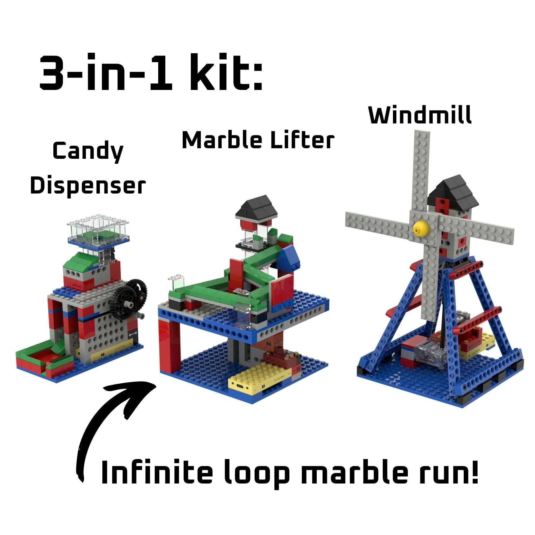 A product graphic for the 3-in-1 Mighty Machines Kit showcasing three builds: a candy dispenser, a windmill, and an infinite loop marble lifter, highlighting its versatility as a motorized STEM toy.