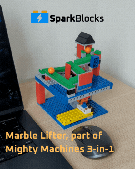 A motorized marble lifter from the ultimate theme bundle, utilizing an interlocking brick system to bring circuits to life and provide real STEM learning with this screen-free STEM toy.