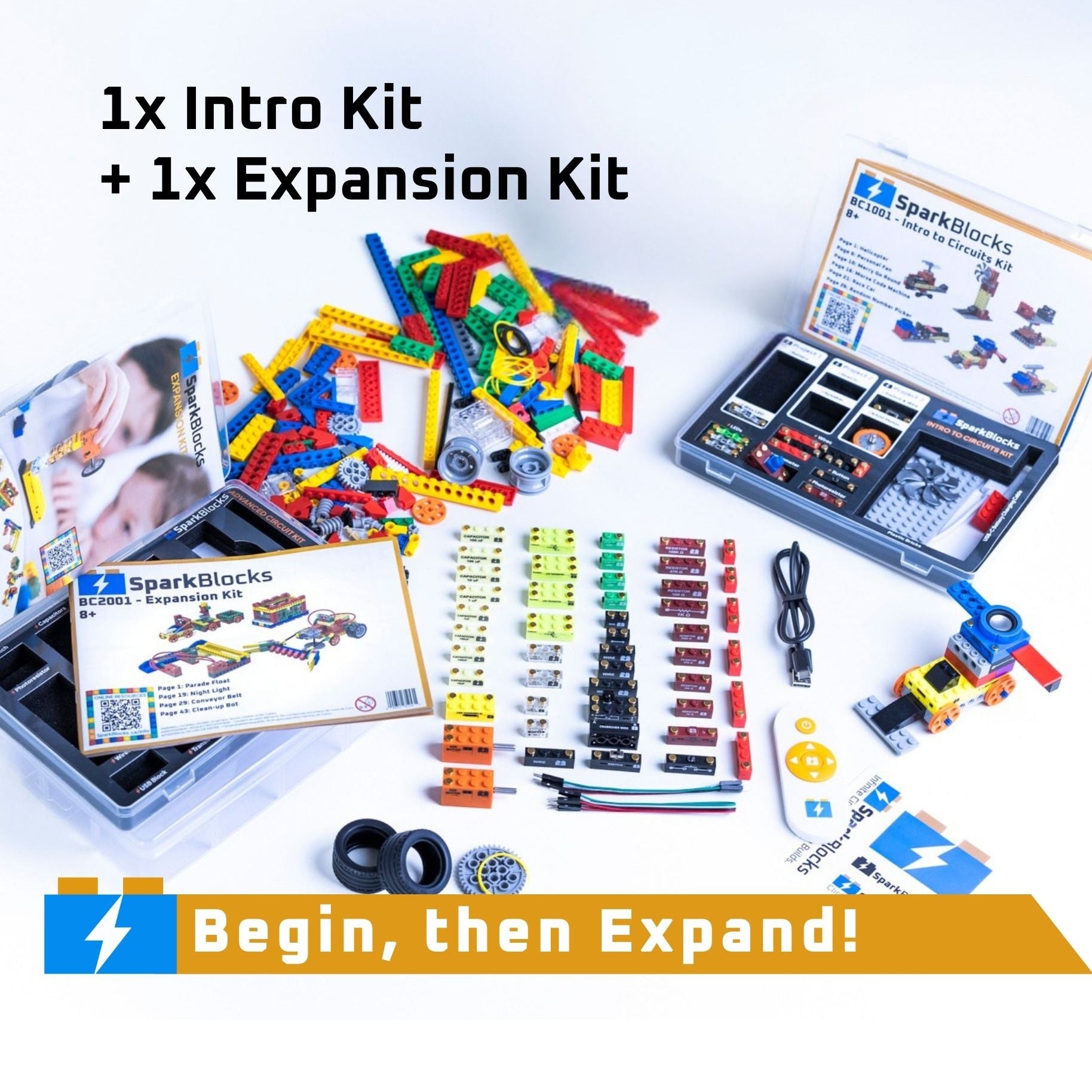 The advanced bundle featuring one Intro to Circuits Kit and one Expansion Kit with learning guides, serving as an educational building kit for screen-free learning and a homeschool science kit.