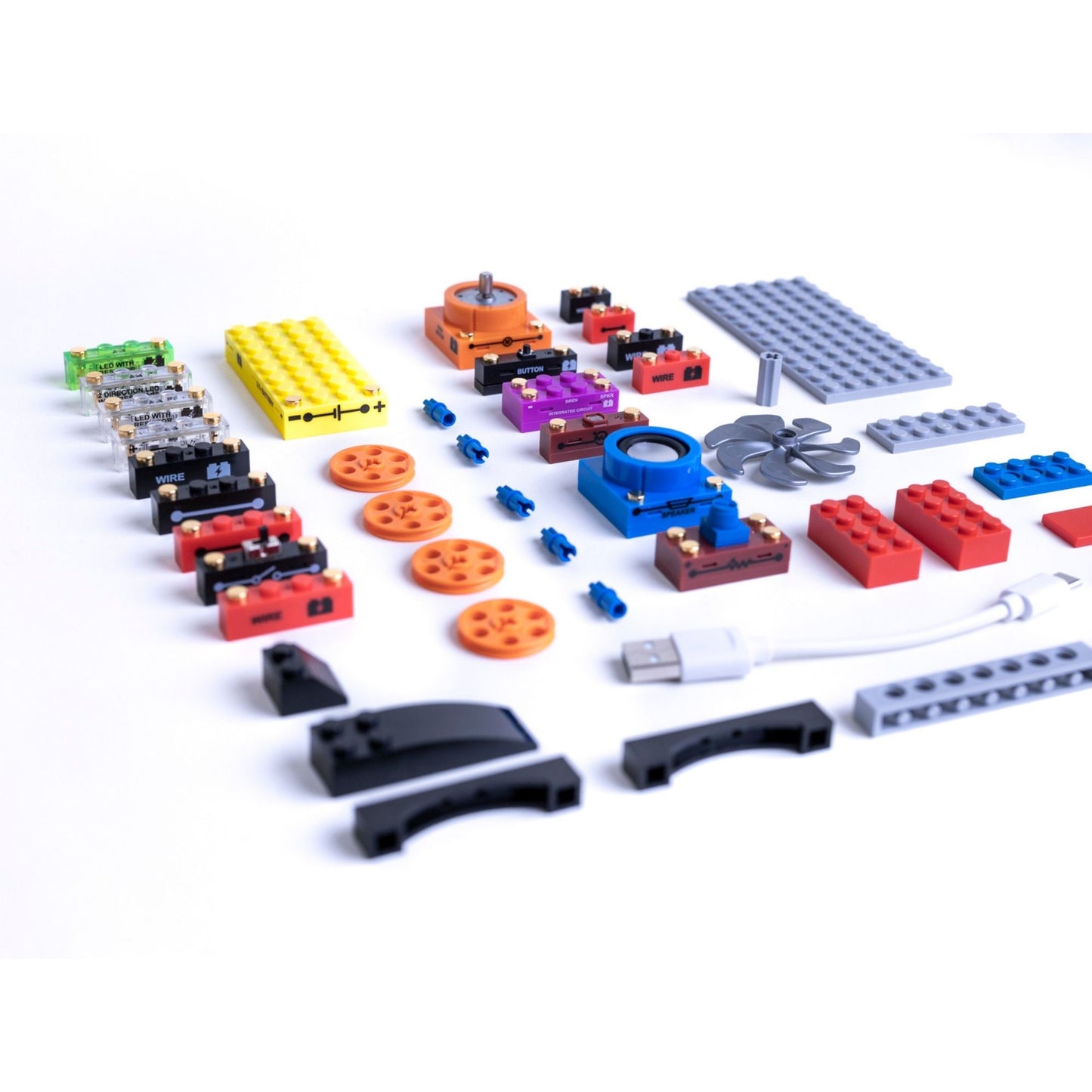 Assorted electronic kits components and STEM circuit kits building blocks on a white background; an ideal intro to circuits kit and circuit kit for kids.