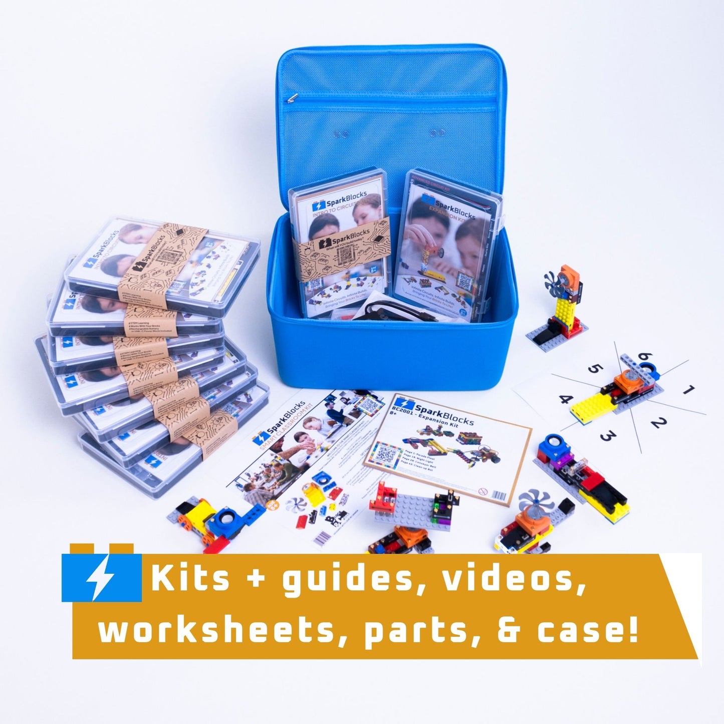 Smart classroom kit with a blue storage case and electronic building blocks for a hands-on classroom circuit kit and screen-free learning.