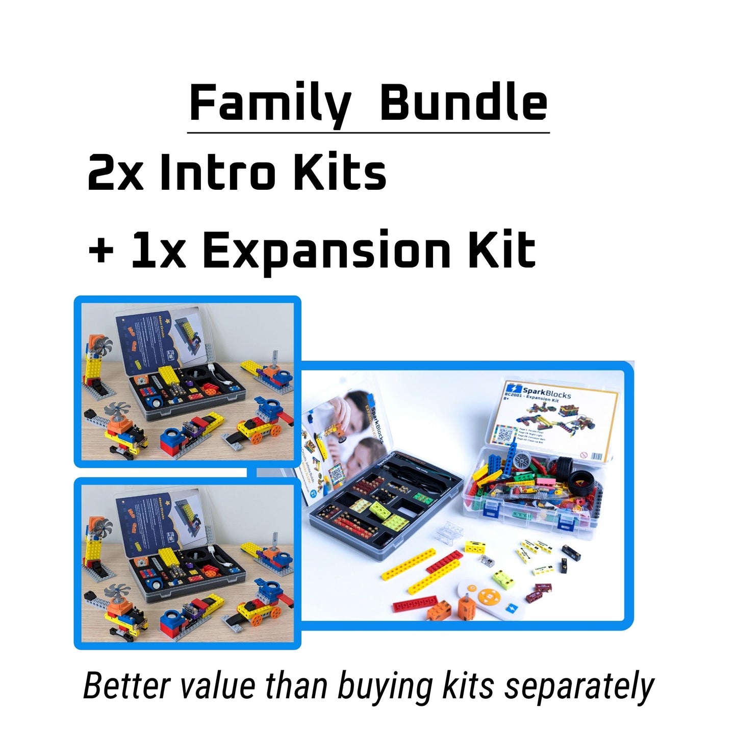A product graphic for the Family Bundle including 2x Intro Kits and 1x Expansion Kit, showcasing educational blocks for kids and various components of this hands-on STEM kit and kids science kit.
