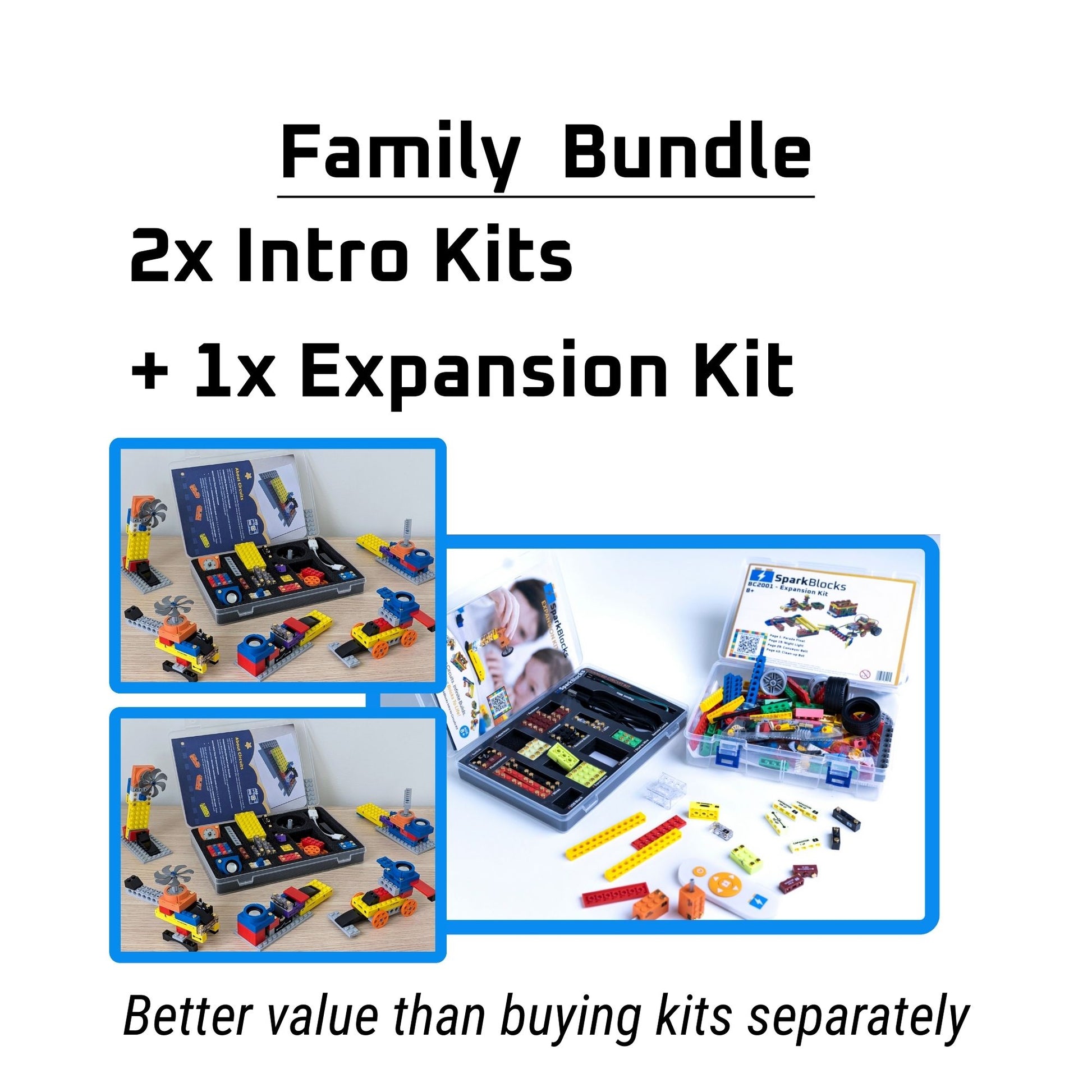 A product graphic for the Family Bundle including 2x Intro Kits and 1x Expansion Kit, showcasing educational blocks for kids and various components of this hands-on STEM kit and kids science kit.