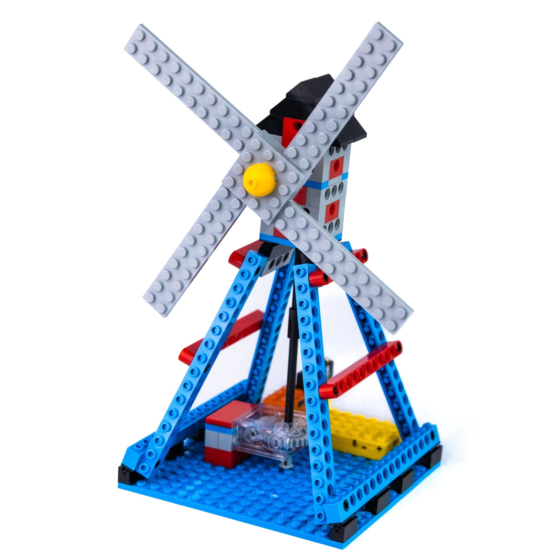 A toy windmill built from the 3-in-1 Mighty Machines Kit with interlocking bricks, showcasing a motorized STEM toy designed for screen-free STEM toy learning.